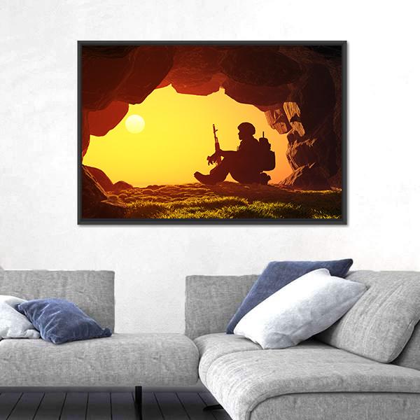 Soldier Silhouette In A Cave Canvas Wall Art-3 Horizontal-Gallery Wrap-25" x 16"-Tiaracle
