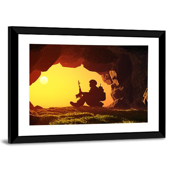 Soldier Silhouette In A Cave Canvas Wall Art-3 Horizontal-Gallery Wrap-25" x 16"-Tiaracle