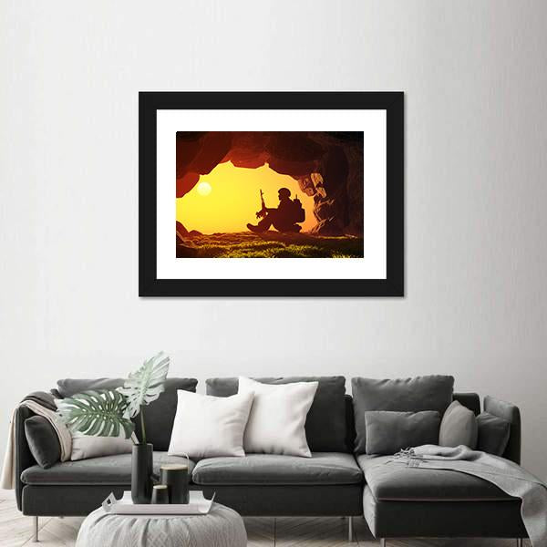 Soldier Silhouette In A Cave Canvas Wall Art-3 Horizontal-Gallery Wrap-25" x 16"-Tiaracle