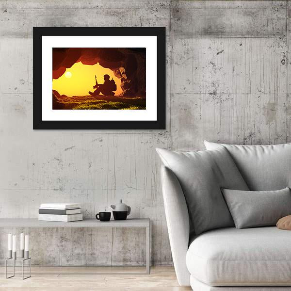 Soldier Silhouette In A Cave Canvas Wall Art-3 Horizontal-Gallery Wrap-25" x 16"-Tiaracle