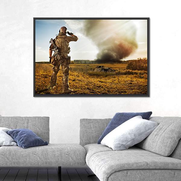 Soldier Watching Enemy Canvas Wall Art-5 Horizontal-Gallery Wrap-22" x 12"-Tiaracle