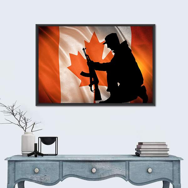 Soldier With A Gun And Canada Flag Canvas Wall Art-1 Piece-Floating Frame-24" x 16"-Tiaracle