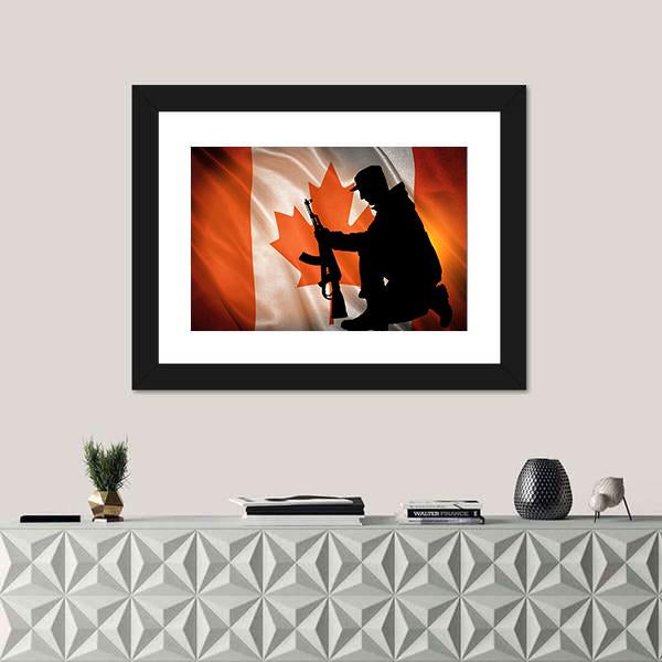 Soldier With A Gun And Canada Flag Canvas Wall Art-1 Piece-Framed Print-20" x 16"-Tiaracle