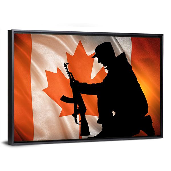 Soldier With A Gun And Canada Flag Canvas Wall Art-3 Horizontal-Gallery Wrap-25" x 16"-Tiaracle