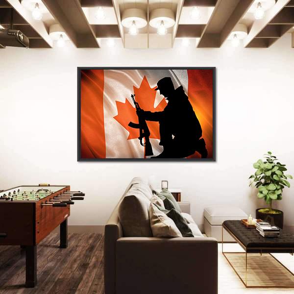 Soldier With A Gun And Canada Flag Canvas Wall Art-3 Horizontal-Gallery Wrap-25" x 16"-Tiaracle