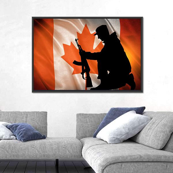 Soldier With A Gun And Canada Flag Canvas Wall Art-3 Horizontal-Gallery Wrap-25" x 16"-Tiaracle