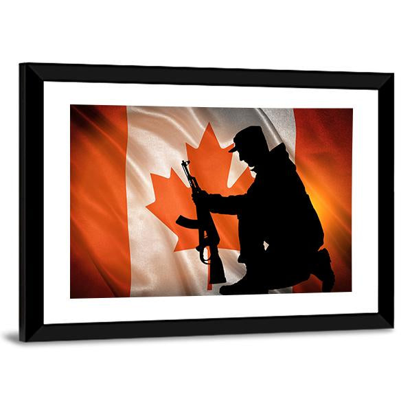 Soldier With A Gun And Canada Flag Canvas Wall Art-3 Horizontal-Gallery Wrap-25" x 16"-Tiaracle