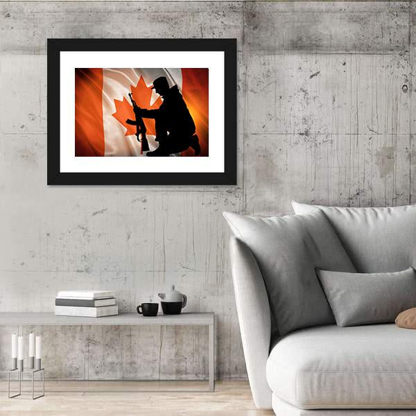 Soldier With A Gun And Canada Flag Canvas Wall Art-3 Horizontal-Gallery Wrap-25" x 16"-Tiaracle