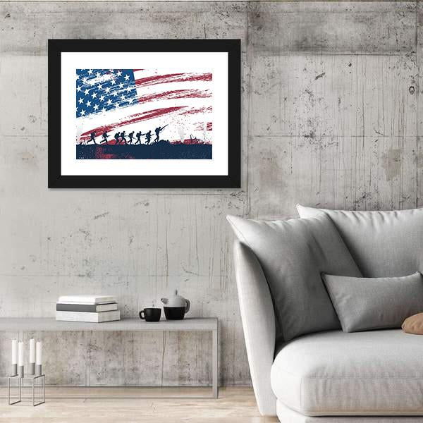 Soldiers Fighting At War With American Flag Canvas Wall Art-5 Horizontal-Gallery Wrap-22" x 12"-Tiaracle