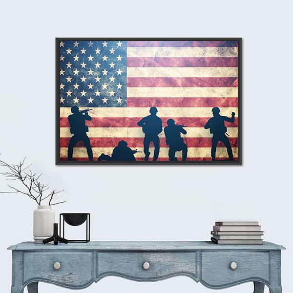 Soldiers In Assault On Grunge USA Flag Canvas Wall Art-5 Horizontal-Gallery Wrap-22" x 12"-Tiaracle