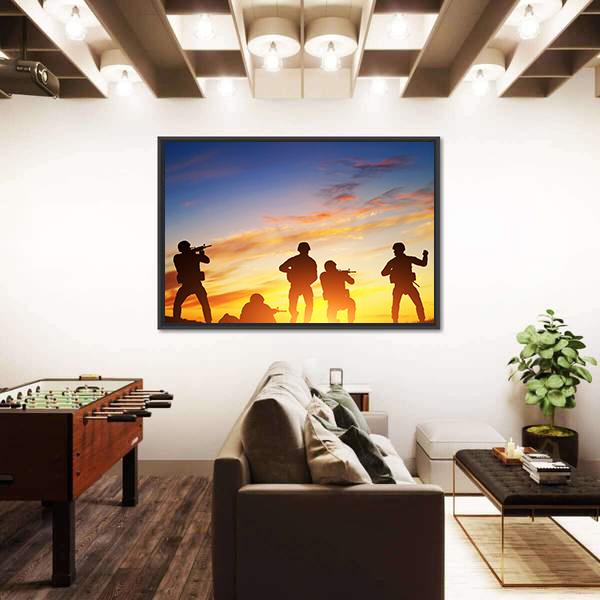 Soldiers In Assault Shooting Canvas Wall Art-5 Horizontal-Gallery Wrap-22" x 12"-Tiaracle