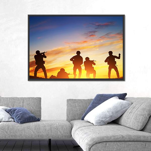 Soldiers In Assault Shooting Canvas Wall Art-5 Horizontal-Gallery Wrap-22" x 12"-Tiaracle