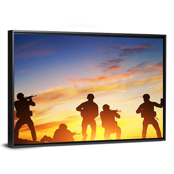 Soldiers In Assault Shooting Canvas Wall Art-5 Horizontal-Gallery Wrap-22" x 12"-Tiaracle