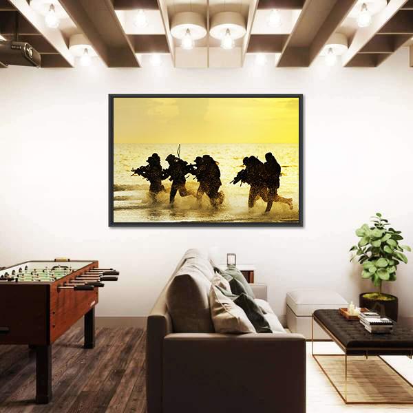 Soldiers Run In Army Uniform Canvas Wall Art-1 Piece-Floating Frame-24" x 16"-Tiaracle