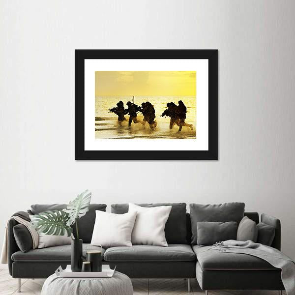 Soldiers Run In Army Uniform Canvas Wall Art-1 Piece-Framed Print-20" x 16"-Tiaracle