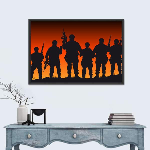 Soldiers Silhouette Against Sunset Canvas Wall Art-1 Piece-Floating Frame-24" x 16"-Tiaracle