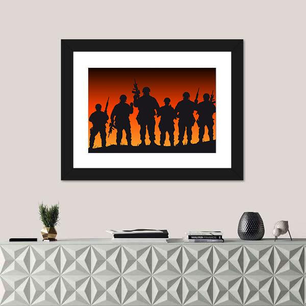 Soldiers Silhouette Against Sunset Canvas Wall Art-1 Piece-Framed Print-20" x 16"-Tiaracle