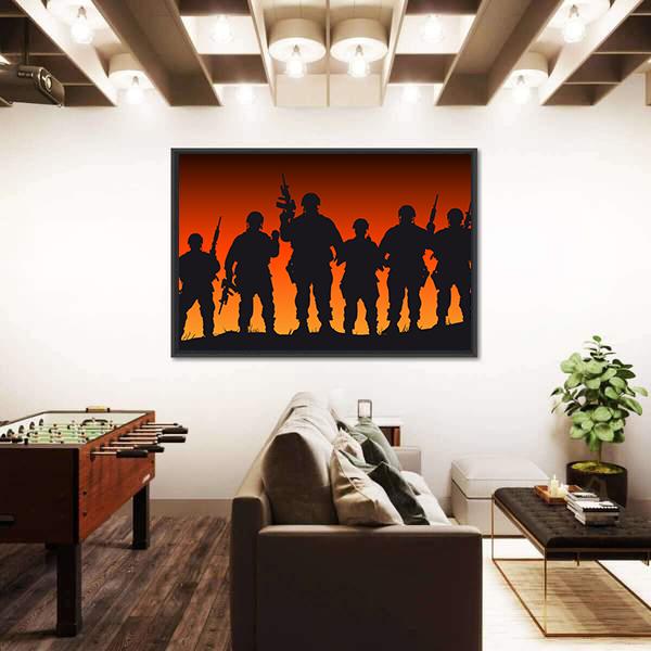 Soldiers Silhouette Against Sunset Canvas Wall Art-5 Horizontal-Gallery Wrap-22" x 12"-Tiaracle