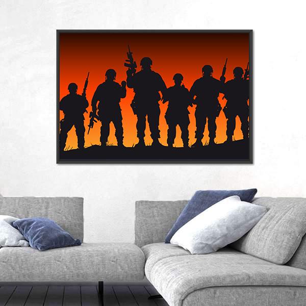 Soldiers Silhouette Against Sunset Canvas Wall Art-5 Horizontal-Gallery Wrap-22" x 12"-Tiaracle