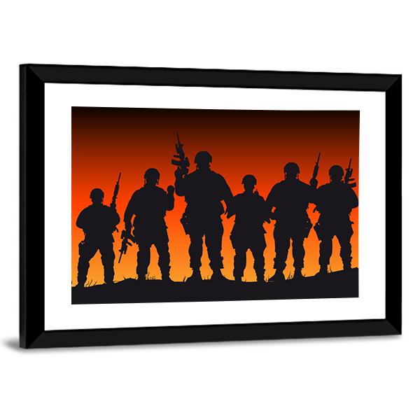 Soldiers Silhouette Against Sunset Canvas Wall Art-5 Horizontal-Gallery Wrap-22" x 12"-Tiaracle