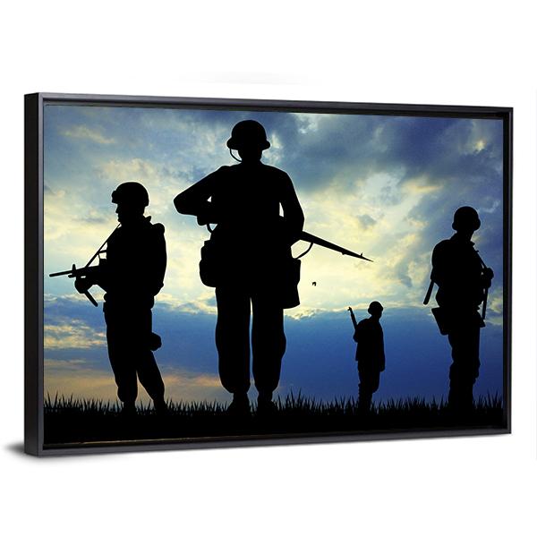 Soldiers Silhouette With Rifles Canvas Wall Art-5 Horizontal-Gallery Wrap-22" x 12"-Tiaracle