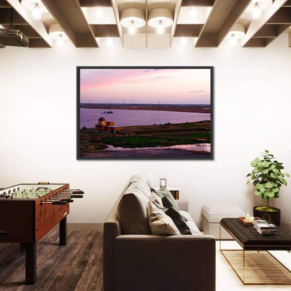 Songhua River Ship Building Clouds Sunset Canvas Wall Art-1 Piece-Floating Frame-36" x 24"-Tiaracle