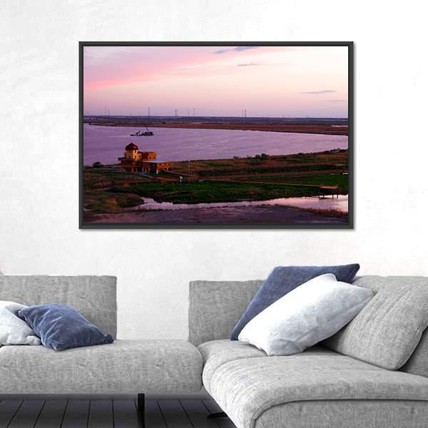 Songhua River Ship Building Clouds Sunset Canvas Wall Art-5 Horizontal-Gallery Wrap-22" x 12"-Tiaracle