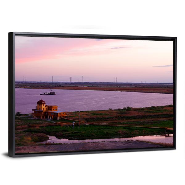 Songhua River Ship Building Clouds Sunset Canvas Wall Art-5 Horizontal-Gallery Wrap-22" x 12"-Tiaracle