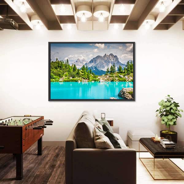 Sorapis Lake With Dolomite Mountains Canvas Wall Art-1 Piece-Floating Frame-24" x 16"-Tiaracle