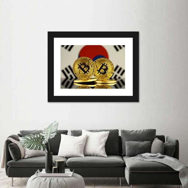 South Korea Flag With Bitcoin Canvas Wall Art-1 Piece-Framed Print-20" x 16"-Tiaracle