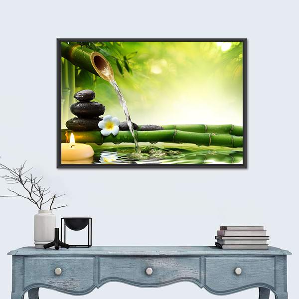 Spa Stones In Garden With Flow Water Canvas Wall Art-1 Piece-Floating Frame-24" x 16"-Tiaracle