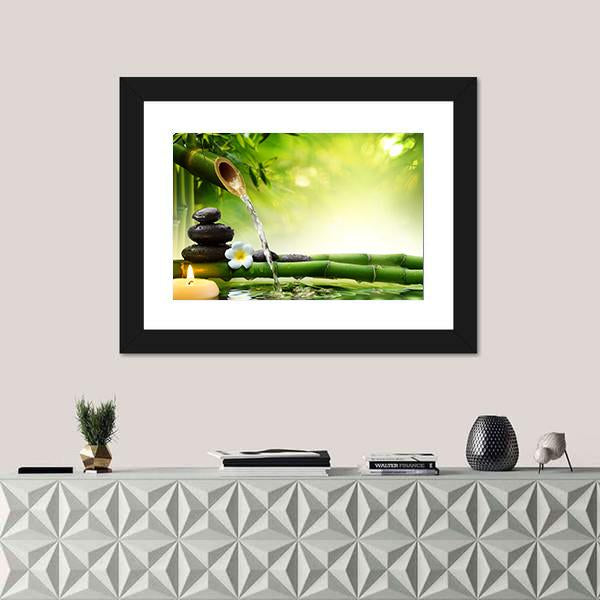 Spa Stones In Garden With Flow Water Canvas Wall Art-1 Piece-Framed Print-20" x 16"-Tiaracle