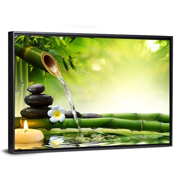 Spa Stones In Garden With Flow Water Canvas Wall Art-3 Horizontal-Gallery Wrap-25" x 16"-Tiaracle