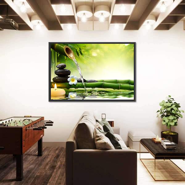 Spa Stones In Garden With Flow Water Canvas Wall Art-3 Horizontal-Gallery Wrap-25" x 16"-Tiaracle