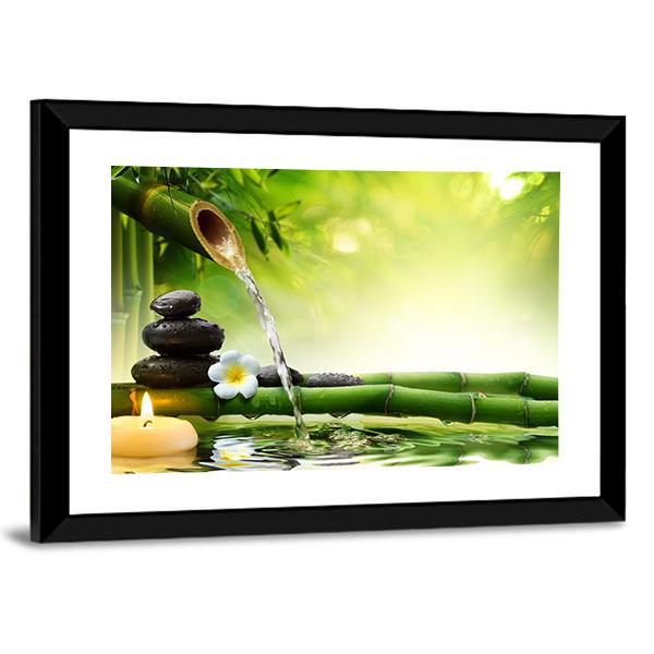 Spa Stones In Garden With Flow Water Canvas Wall Art-3 Horizontal-Gallery Wrap-25" x 16"-Tiaracle