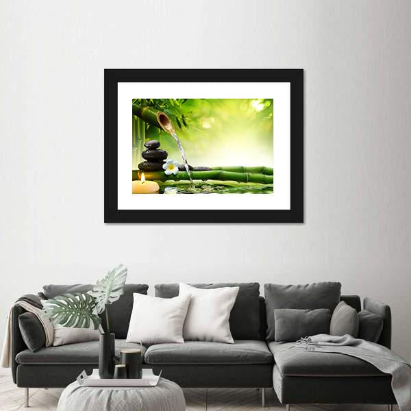 Spa Stones In Garden With Flow Water Canvas Wall Art-3 Horizontal-Gallery Wrap-25" x 16"-Tiaracle