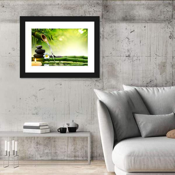 Spa Stones In Garden With Flow Water Canvas Wall Art-3 Horizontal-Gallery Wrap-25" x 16"-Tiaracle