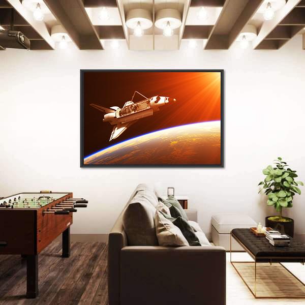 Space Shuttle In Rising Sun Canvas Wall Art-1 Piece-Floating Frame-24" x 16"-Tiaracle