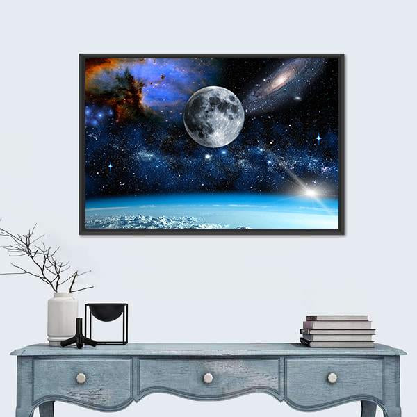 Space View from Earth Canvas Wall Art in black, white and blue, framed canvas, product view on a white background