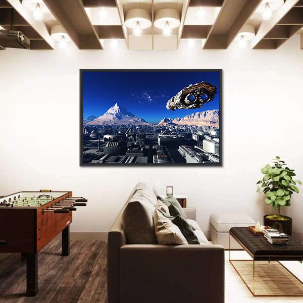 Spacecraft And City On The Planet Canvas Wall Art-1 Piece-Floating Frame-24" x 16"-Tiaracle