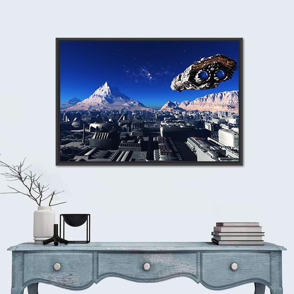 Spacecraft And City On The Planet Canvas Wall Art-5 Horizontal-Gallery Wrap-22" x 12"-Tiaracle