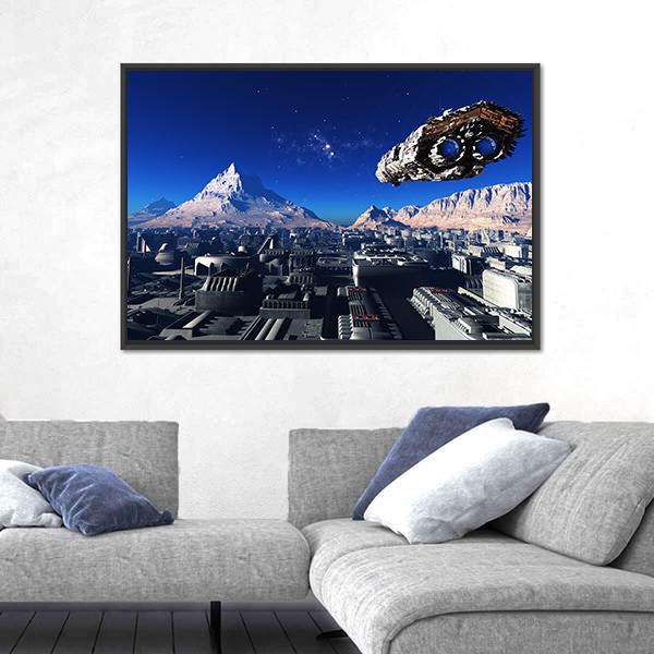 Spacecraft And City On The Planet Canvas Wall Art-5 Horizontal-Gallery Wrap-22" x 12"-Tiaracle