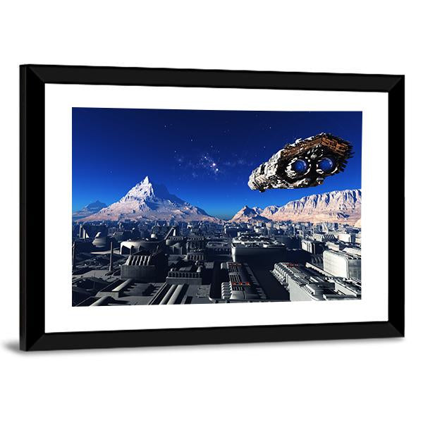 Spacecraft And City On The Planet Canvas Wall Art-5 Horizontal-Gallery Wrap-22" x 12"-Tiaracle