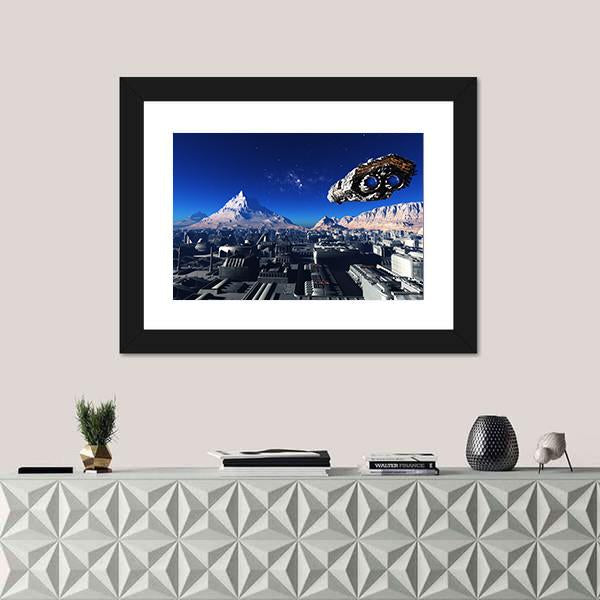 Spacecraft And City On The Planet Canvas Wall Art-5 Horizontal-Gallery Wrap-22" x 12"-Tiaracle