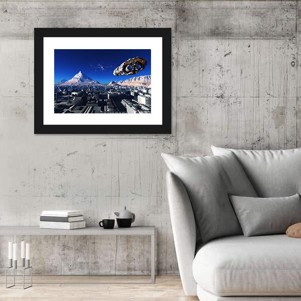 Spacecraft And City On The Planet Canvas Wall Art-5 Horizontal-Gallery Wrap-22" x 12"-Tiaracle