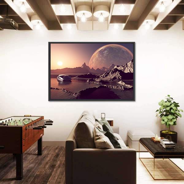 Spacecraft Over The Mountainous Terrain Of The Planet Canvas Wall Art-1 Piece-Floating Frame-24" x 16"-Tiaracle