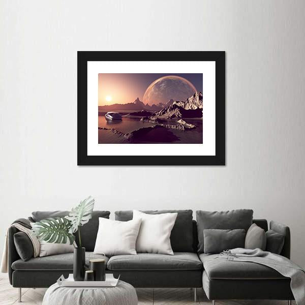 Spacecraft Over The Mountainous Terrain Of The Planet Canvas Wall Art-1 Piece-Framed Print-20" x 16"-Tiaracle