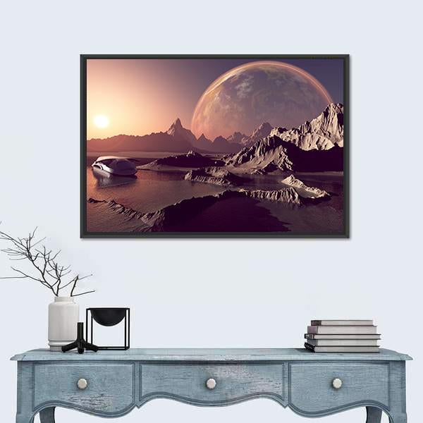 Spacecraft Over The Mountainous Terrain Of The Planet Canvas Wall Art-5 Horizontal-Gallery Wrap-22" x 12"-Tiaracle
