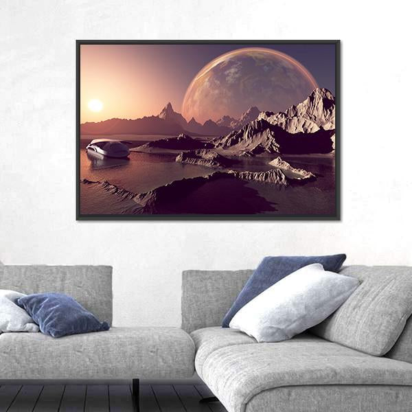Spacecraft Over The Mountainous Terrain Of The Planet Canvas Wall Art-5 Horizontal-Gallery Wrap-22" x 12"-Tiaracle