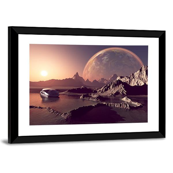 Spacecraft Over The Mountainous Terrain Of The Planet Canvas Wall Art-5 Horizontal-Gallery Wrap-22" x 12"-Tiaracle